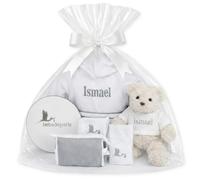 Cadeau de Naissance Personnalisé avec Peignoir de bain brodé pour bébé en mousse et ours en peluche Gris