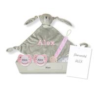 Cadeau de Naissance pour Bébé Nouveau-né - Doudou Bébé Brodé, 2 Tétines Personnalisées et Porte-Tétine en Tissu - Rose | BebeDeParis