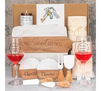 Cadeau de pendaison de crémaillère New Home - Planche à fromage en marbre et bois d'acacia, 4 couteaux à fromage, bougie, 2 verres à vin, 2 sous-verres, carte de vœux - Cadeau Home Sweet Home pour