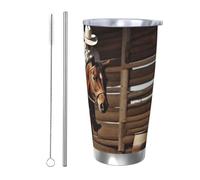 Cadeau de voiture pour homme et femme - Gobelet avec couvercle et paille - Tasse à café isotherme à double paroi de 591 ml pour porte-gobelet de voiture, tasse de voyage American West Rodeo en acier