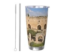 Cadeau de voiture pour homme et femme - Gobelet avec couvercle et paille - Tasse à café isotherme à double paroi de 591 ml pour porte-gobelet de voiture, tasse de voyage Israel at The Tower of David