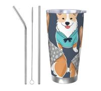 Cadeau de voiture pour homme et femme - Gobelet avec couvercle et paille - Tasse à café isotherme à double paroi de 591 ml pour porte-gobelet de voiture, portant des vêtements de chien Corgi - Tasse