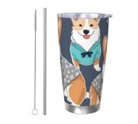 Cadeau de voiture pour homme et femme - Gobelet avec couvercle et paille - Tasse à café isotherme à double paroi de 591 ml pour porte-gobelet de voiture, portant des vêtements de chien Corgi - Tasse