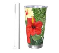 Cadeau de voiture pour homme et femme - Gobelet avec couvercle et paille - Tasse à café isotherme à double paroi de 591 ml pour porte-gobelet de voiture, feuilles de végétation avec fleurs d'hibiscus