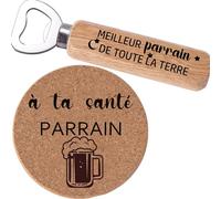 Cadeau Décapsuleur Parrain+Dessous de verre pour la fête des parrains d’anniversaire et de naissance