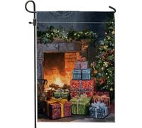 Cadeau drapeau de jardin, cheminée de sapin de Noël en toile de jute rouge double face, petit drapeau de jardin pour extérieur, porche, pelouse, terrasse, 30,5 x 45,7 cm