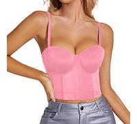 Cadeau Drôle Top Bustier Corset Top Ajustement Serré Corset Débardeur Bretelle Top Solide Court Mode Tee Shirt Femmes Manches Longues (Pink, L)