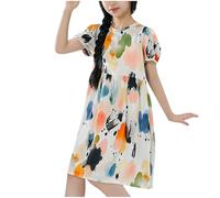 Cadeau Enfant Fille Robe Ete Fluide Ample Imprimé Fleurie Bohème Ligne A Robe Filles Chic Et Elegant Mignon Casual Soirée Bapteme Anniversaire Tunique Robes d'été légère Dress de Plage 5-16 Ans