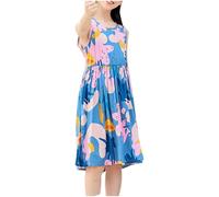 Cadeau Enfant Fille Robe Ete Fluide Ample Imprimé Fleurie Bohème Ligne A Robe Filles Chic Et Elegant Mignon Casual Soirée Bapteme Anniversaire Tunique Robes d'été légère Dress de Plage 5-16 Ans