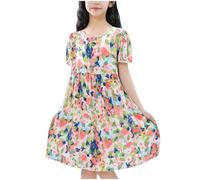 Cadeau Enfant Fille Robe Ete Fluide Ample Imprimé Fleurie Bohème Ligne A Robe Filles Chic Et Elegant Mignon Casual Soirée Bapteme Anniversaire Tunique Robes d'été légère Dress de Plage 5-16 Ans