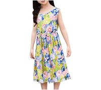 Cadeau Enfant Fille Robe Ete Fluide Ample Imprimé Fleurie Bohème Ligne A Robe Filles Chic Et Elegant Mignon Casual Soirée Bapteme Anniversaire Tunique Robes d'été légère Dress de Plage 5-16 Ans