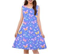 Cadeau Enfant Fille Robe Fleurie Bohème sans Manches Ligne A Robe Filles Chic Et Elegant Mignon Casual Soirée Bapteme Anniversaire Tunique Robes d'été légère Dress de Plage 4-14 Ans