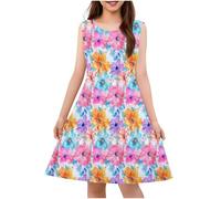 Cadeau Enfant Fille Robe Fleurie Bohème sans Manches Ligne A Robe Filles Chic Et Elegant Mignon Casual Soirée Bapteme Anniversaire Tunique Robes d'été légère Dress de Plage 4-14 Ans