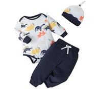 Cadeau Enfants Pâques Nouveau-né Bébé Garçon Vêtements Tenues Imprimé Dinosaure Coton Manches Longues Barboteuse Pantalons Chapeau 3 Pièces Ensembles T-shirt 2, bleu, 6-9 mois
