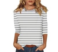 Cadeau Et Ventes Flash HUIFUAO Tee Shirt Femme Manche 3/4 Coton Grande Taille Rayé Haut été Chemise et Blouses Chic et élégant Tops Basique Tunique (A04-Grey, L) Short Sleeve Shirts for Women