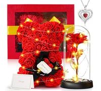 Cadeau Femme, Cadeau Rose pour la Saint-Valentin, Cadeau Anniversaire Femme pour Elle - Ours en Rose, Rose Eternelle et Collier, Idee Fleur Cadeaux pour Maman Petite Amie Femme À Fête des Mères