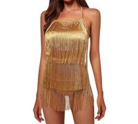 Cadeau Femme Robe Gatsby Couleur Unie sans Manche 1920S Robe à Frange Bretelles Robe à Charleston Déguisement pour Soirée Danse Latine Robe Soiree Femme Paillette Costume Samba Femme