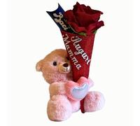 Cadeau Fête des Mères 2025 : Bouquet « Bonne Fête des Mères » + Rose éternelle Rouge + Baci Perugina 37,5 g + Ourson 16 cm - Cadeau Maman|Femme (Nara_Peluche)