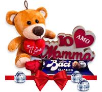 Cadeau Fête des Mères 2025 - Ourson 16 cm + Bacon Perugina 37,5 g + Rose rouge + Décoration avec inscription « J'aime maman » - Cadeau maman/femme
