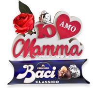 Cadeau Fête des Mères Baci Perugina 2025 - Baci Perugina 37,5 g + Écritoire en bois Mom 18 cm + Rose rouge artificielle - Idée cadeau pour elle
