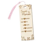 Cadeau Fête des Mères Marque Page en Bois Signet Super Maman Marque Page Rectangulaire avec Cœur Creux et Franges Rose Cadeau Original pour Maman Livre Retraite Fête Anniversaire Noël