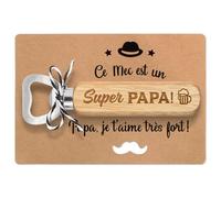 Cadeau Fête des Pères Ouvre-bouteilles Décapsuleur Super PAPA en Bois et Carte de Vœux Papa je t'aime très fort avec Sachet Organza Blanc pour Fête Noël Anniversaire Thanksgiving Fête des Pères