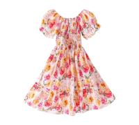 Cadeau Fille Robe Ete Fleurie Bohème Manches Courtes Ligne A Robe Filles Chic Et Elegant Casual Robes de Fête Soirée Ceremonie Vacances Tunique Robes d'été légère Dress de Plage 3-16 Ans