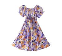 Cadeau Fille Robe Ete Fleurie Bohème Manches Courtes Ligne A Robe Filles Chic Et Elegant Casual Robes de Fête Soirée Ceremonie Vacances Tunique Robes d'été légère Dress de Plage 3-16 Ans