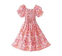 Cadeau Fille Robe Ete Fleurie Bohème Manches Courtes Ligne A Robe Filles Chic Et Elegant Casual Robes de Fête Soirée Ceremonie Vacances Tunique Robes d'été légère Dress de Plage 3-16 Ans