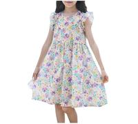 Cadeau Fille Robe Ete Fleurie Bohème sans Manches Ligne A Robe Filles Chic Et Elegant Casual Robes de Fête Soirée Ceremonie Vacances Tunique Robes d'été légère Dress de Plage 2-14 Ans