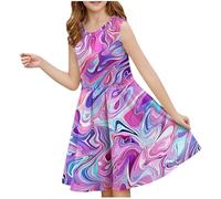 Cadeau Fille robe ete - légère - Ligne A - Manches courtes - Mini robes de fête soirée ceremonie vacances - Imprimé robes enfant fille chic et elegant - Décontractée - Robe pour filles de 3 à 14 ans