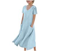Cadeau Fille Robe Ete Manches Courtes Robe en Lin Filles Chic Et Elegant Casual Robes de Fête Soirée Ceremonie Vacances Bapteme Anniversaire Tunique Robes d'été légère Dress de Plage 5-16 Ans