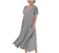 Cadeau Fille Robe Ete Manches Courtes Robe en Lin Filles Chic Et Elegant Casual Robes de Fête Soirée Ceremonie Vacances Bapteme Anniversaire Tunique Robes d'été légère Dress de Plage 5-16 Ans