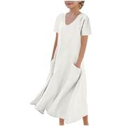 Cadeau Fille Robe Ete Manches Courtes Robe en Lin Filles Chic Et Elegant Casual Robes de Fête Soirée Ceremonie Vacances Bapteme Anniversaire Tunique Robes d'été légère Dress de Plage 5-16 Ans