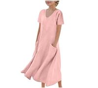 Cadeau Fille Robe Ete Manches Courtes Robe en Lin Filles Chic Et Elegant Casual Robes de Fête Soirée Ceremonie Vacances Bapteme Anniversaire Tunique Robes d'été légère Dress de Plage 5-16 Ans