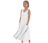 Cadeau Fille Robe Ete sans Manches Robe en Lin Filles Chic Et Elegant Casual Robes de Fête Soirée Ceremonie Vacances Bapteme Anniversaire Tunique Robes d'été légère Dress de Plage 5-16 Ans