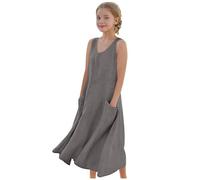 Cadeau Fille Robe Ete sans Manches Robe en Lin Filles Chic Et Elegant Casual Robes de Fête Soirée Ceremonie Vacances Bapteme Anniversaire Tunique Robes d'été légère Dress de Plage 5-16 Ans