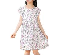 Cadeau Filles Robes d‘été Manches Volantées Enfants Loisir Robe Col Rond Dress sans Manches Swing Robe Filles Chic et Elegant Léger Fluide Robes de Fête pour Fille 3-13 Ans