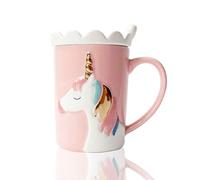 Cadeau Licorne pour Fille Tasse à Café Amusante en Céramique en Forme de Licorne Mignonnes Tasses de thé au Lait Uniques Avec Couvercle Dentelé et Cuillère pour Enfants Femmes Filles (Rose)