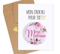 Cadeau Maîtresse d'École Badge Merci Maîtresse Rose fleur et Carte de Vœux Mon cadeau pour toi avec Enveloppe Cœur Cadeau Fin d'Année Scolaire École pour Enseignante Fête Retraite Anniversaire Noël