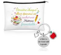 Cadeau Maîtresse d'École - Set Pochette Tissu & Porte-Clés | Trousse de Rangement Maquillage et Accessoire Pratique | Idée Cadeau Fin d'Année Scolaire & Remerciement Enseignant