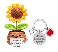 Cadeau Maîtresse d'École -Tournesol Tissé Main & Porte-Clés avec Message Merci | Idée Cadeau pour Professeure des Écoles, Institutrice, Enseignante (Fin d'Année Scolaire, Rentrée, Remerciement)