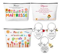 Cadeau Maîtresse Fin d’Année 6 Pièces - Trousse de Maquillage & Porte-Clés - Idée Cadeau Original Utile pour Femme, Remerciement Institutrice Maternelle Atsem Fête des Mères