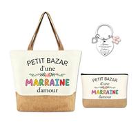 Cadeau Marraine 3 Pièces Sac Cabas, Pochette et Porte-Clés Demande Baptême | Un cadeau pratique et tendre pour accompagner une demande marraine, un baptême, une naissance ou une jolie fête de famille.