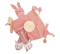 Cadeau Naissance, 7 Pièces Cadeau Bebe Naissance avec Serviette de Bave Étapes Bébé Hochet Tricoté Main Brosse Bebe pour Filles