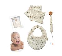 Cadeau Naissance Bebe Kit Coffret Essentiel Attache tetine Bavoir 3 Lingettes Carre Coton Accessoire Trousse soin toilette, nouveau né bébé fille garcon clips bois naturel produit puericulture