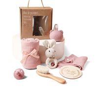 Cadeau Naissance, Coffret Naissance Fille et Garcon pour Bebe avec Hochet Tricoté Main, Brosse Bebe, Tétine mam, Serviette de Bain Bebe, Bavoir Bébé, Carte Etape Bebe (Lapin)