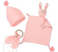 Cadeau Naissance Fille Garcon Personnalisé Lapin Doudou Mouchoir Kit Cape de Bain Bebe Coton Bavoirs Bebe Naissance et Serviette de Bain Bébé Naissance Bebe Garçon Fille Enfant Accessoire (Rose)