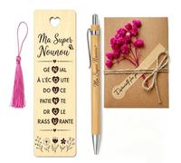 Cadeau Nounou Original, Coffret 4 Pièces avec Marque Page en Bois Ma Super Nounou, Stylo, Pompon Rose et Enveloppe, Cadeau Assistante Maternelle Fin de Contrat Anniversaire Noël Merci