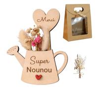 Cadeau Nounou Original, Magnet Bois Merci avec Fleurs Et Pochette | Magnet en bois 13 x 10,5 cm avec fleurs séchées, pochette 16 x 12 x 6 cm, pour merci nounou et fin de contrat